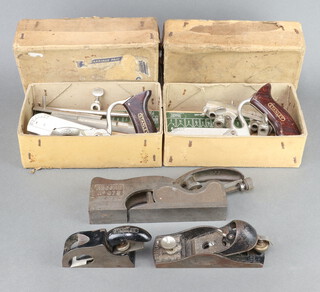 Two Stanley no.50 rebate planes boxed, a Record no.073 shoulder plane, a Stanley bullnose plane, Stanley metal framed box plane