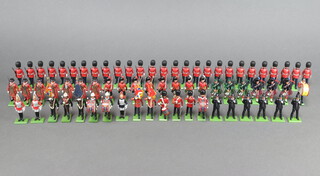28 Britains metal figures of guardsmen, 7 ditto Yeoman of the Guard, 6 Highland Pipers, 8 Highlanders, 2 dismounted Lifeguards, 4 Royal Marines, 4 guards drummers, Ensign Drum Major and bugler, 6 Policeman, dismounted Household Cavalry   