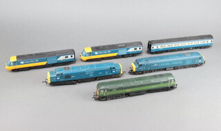 A Hornby City 125 locomotive and carriage, a Hornby diesel locomotive - Mammoth, a Triang diesel locomotive R751 and a Main Line British Railways diesel locomotive - The Manchester 
