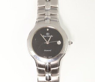 A gentleman's steel case Rene Valente quartz wristwatch with 'diamond' set at 12, on a steel bracelet 