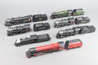 A Hornby OO locomotive and tender in red British Railways livery together with 5 Bachmann locomotives and tenders and a Brazilian locomotive and tender 