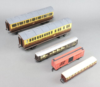 Two wooden scratch built Great Western railway carriages 10cm h x 32cm w x 7cm d, a Hornby OO pullman carriage and 2 other items  