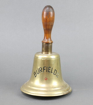 A brass hand bell with turned wooden handle, the bell marked Burfields 27cm h x 15cm diam. 