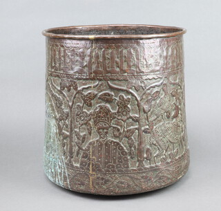 An Eastern embossed copper jardiniere decorated birds and figures 32cm h x 32cm diam. 