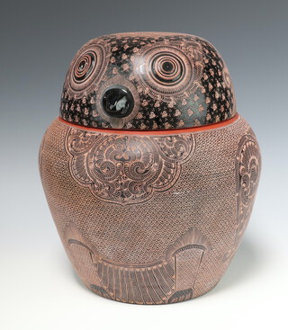 An Eastern lacquered trinket box in the form of a seated owl 36cm h x 26cm diam. 