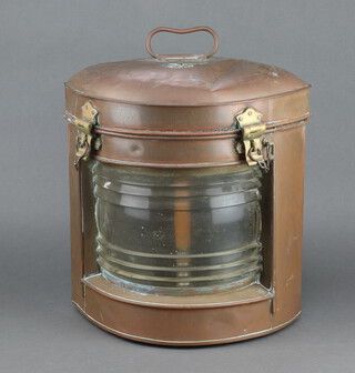 A copper and brass ships masthead lantern converted to electricity 36cm h x 26cm w x 27cm d 