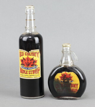 Two vintage bottles of Old Colony Pure Maple Syrup 