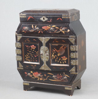 A Japanese lacquered cabinet with hinged lid and fitted interior above a drawer, the base fitted 2 drawers enclosed by pair of panelled doors above a drawer 25cm h x 21cm w x 8cm d 