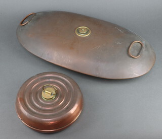 A Victorian oval copper and brass foot warmer 7cm h x 63cm w x 33cm, a circular ditto 7cm x 22cm 
