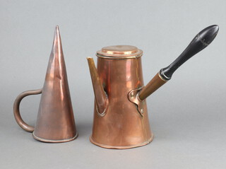 An 18th/19th Century cylindrical copper side handled coffee pot 21cm h (finial missing) and a copper ale warmer 28cm 