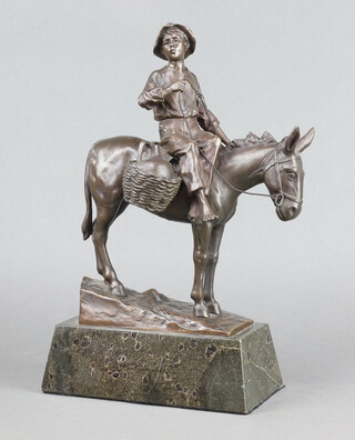 After Schmidt-Fellin, a bronze figure of a boy riding a mule with 2 panniers of wine raised on a rectangular granite base 40cm h x 22cm w x 11cm d  

