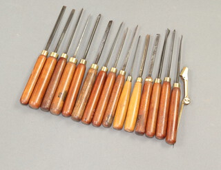 A collection of 13 J B Addis & Sons Sheffield wood carving chisels and 2 others  