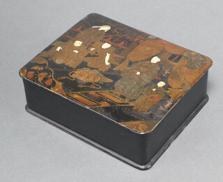 A 19th Century Chinese black lacquered trinket box the hinged lid decorated court figures 6cm x 18cm x 15cm 