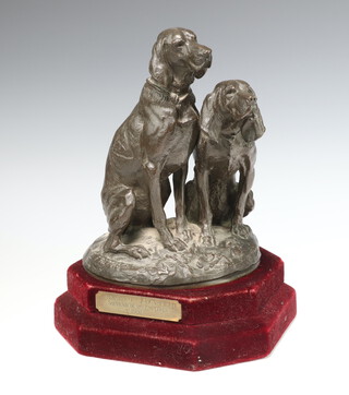 After E Freimiet, a bronze figure group of 2 seated dogs 24cm x 19cm, raised on a plush red velvet base with plaque marked A Monsieur TC Hounsfield souvenir de ses employes 1904 