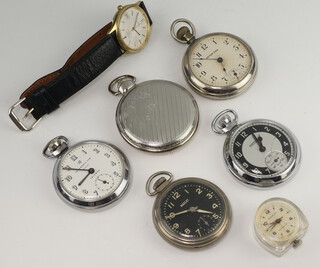 An Art Deco metal cased pocket watch with black dial and seconds at 6 o'clock and other minor watches