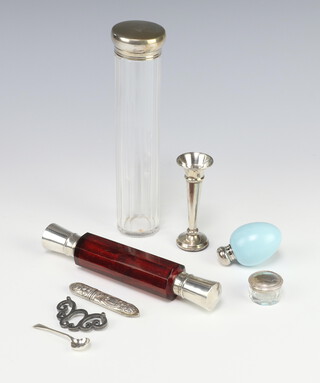 A Victorian style double ended red glass scent, rubbed marks 15cm, a miniature vase and other minor items 