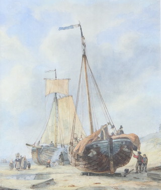 Edwardian watercolour unsigned, fishing vessels and figures 40cm x 33cm 