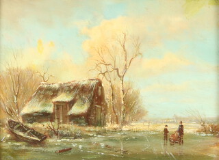 20th Century oil on board, Dutch winterscape with figures 17cm x 24cm 