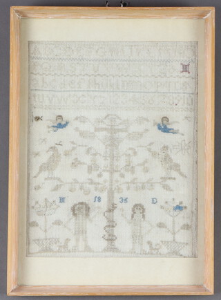Sampler, alphabet and numbers above a tree with angels, a lady and gentleman and vases of flowers, monogrammed MD 1835 30cm x 23cm 
