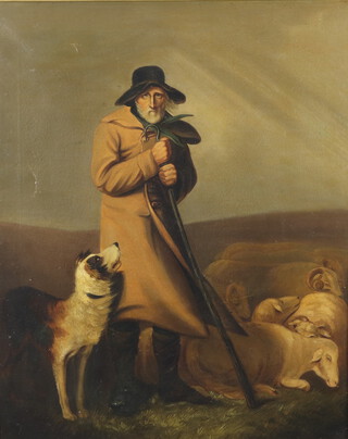 A Victorian oil on canvas unsigned, shepherd with sheep dog and flock 64cm x 52cm  