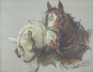 Lucy Kemp-Welch, coloured print, study of shire horses 44cm x 60cm 