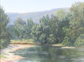 Edna Hely, oil on board, riverscape, inscribed on verso At Paynes Crossing 45cm x 60cm 