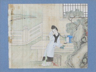 Chinese watercolour unsigned, study of a lady in a pavilion setting 18cm x 25cm 