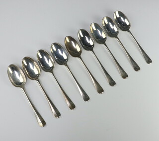 Nine silver rat tail dessert spoons Sheffield 1923, 1927, 458 grams 