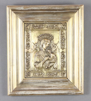 Icon, a repousse gilt metal oklad figure of Mary and the boy child with angels in attendance 22cm x 17cm 