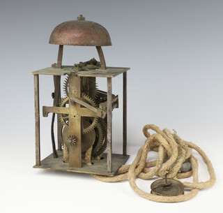 An 18th Century striking on bell, bird cage longcase clock movement 13cm x 16cm 