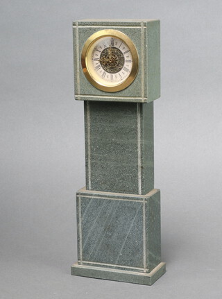 A miniature longcase timepiece with 5cm dial, Roman numerals, contained in a green hardstone case 28cm x 9cm x 4cm 