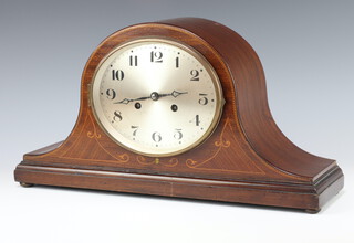 Wattemberg, a 1920's striking mantel clock with 19cm oval silvered dial, Arabic numerals contained in an inlaid mahogany case, complete with pendulum 