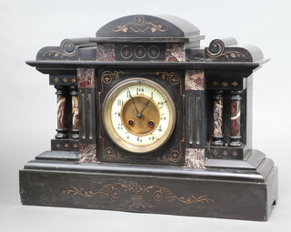 A French 8 day striking mantel clock with 11cm enamelled dial Roman numerals, contained in a black marble architectural case 35cm h x 45cm w x 14cm d complete with pendulum and key 