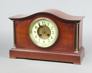 Japy Freres, a French 8 day striking mantel clock with 12cm enamelled dial, Arabic numerals, contained in an arch shaped mahogany case 24cm x 35cm x 14cm, complete with pendulum 