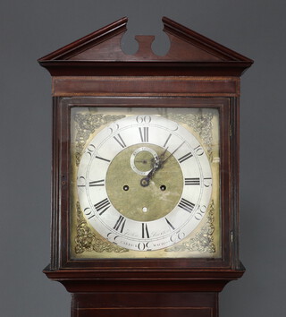 John Ruxton, Carrick Macross, an 18th Century 8 day striking longcase clock with 32 cm square gilt dial, gilt spandrels, silvered chapter ring, calendar aperture and minute indicator, contained in an inlaid mahogany case, complete with pendulum, key and weights, 207cm h 