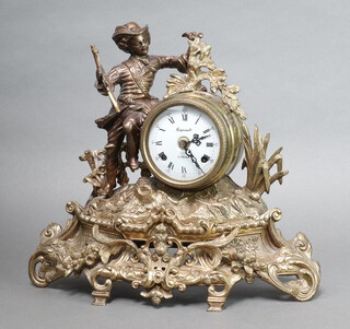 Regnault, a French 8 day striking mantel clock, the 9cm enamelled dial with Roman numerals marked A Paris contained in a gilt metal case 36cm h x 38cm w x 14cm d 