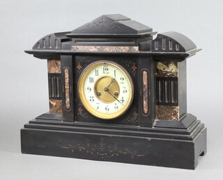 A Victorian French 8 day striking mantel clock with 13cm enamelled dial, Arabic numerals, contained in a 2 colour marble architectural case 35cm h x 44cm w x 14cm d 