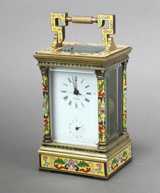 A 20th Century quarter repeating carriage alarm clock with enamelled dial, Roman numerals, marked MD Ger, contained in a yellow cloisonne champleve enamelled case 16cm x 11cm x 9cm 