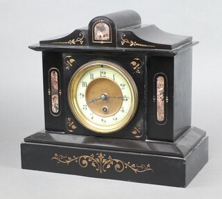 A Victorian French timepiece with 10cm enamelled dial, Arabic numerals, contained in a 2 colour marble architectural case 26cm h x 28cm w x 14cm d, complete with pendulum and key 