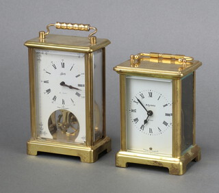 Schatz, a 20th Century German 8 day carriage clock with painted dial and Roman numerals, contained in a gilt case 13cm h x 8cm w x 5.5cm d, together with Bayard an 8 day carriage clock with 5cm enamelled dial, Roman numerals 11cm h x 8cm w x 6cm d  