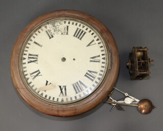 A chain driven fusee clock movement with 15cm back plate and 45cm circular dial with Roman numerals, contained in a mahogany case 58cm, complete with bezel, glass, key, pendulum and various hands