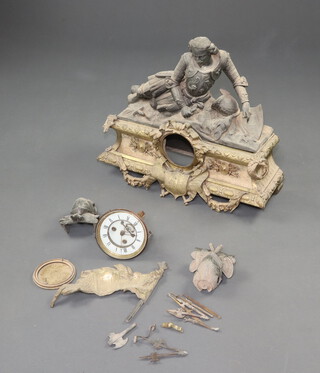 A French 8 day striking mantel clock with 13cm enamelled dial, Roman numerals, contained in a spelter case surmounted by a figure of a kneeling knight 