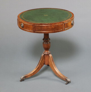 A Georgian style circular mahogany drum table with green inset writing surface fitted 3 drawers, raised on pillar and tripod base 61cm h x 50cm diam. 