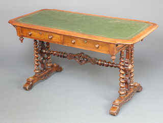 A Victorian mahogany library table with green tooled writing surface above 2 long drawers, raised on spiral turned supports, H framed stretcher 72cm h x 126cm w x 67cm d 
