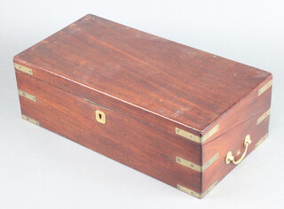 A Victorian mahogany and brass banded writing slope with hinged lid and brass drop handles to the sides, fitted a drawer to the base 14cm h x 35cm w x 23cm d 