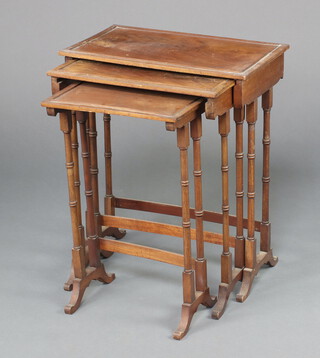 A nest of 2 (ex 3) Georgian style rectangular mahogany tea tables on turned supports 68cm h x 56cm w x 53cm d 