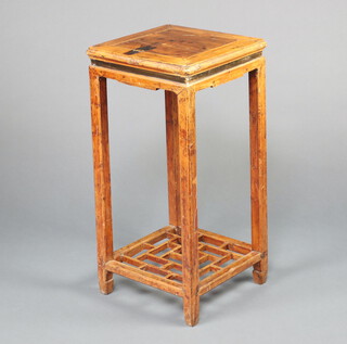 A 19th Century Chinese square hardwood jardiniere stand with lattice work undertier 78cm h x 37cm w x 37cm d 