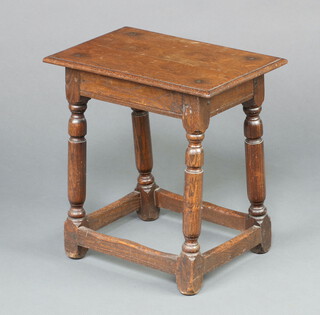 A Utility 17th Century style oak joined stool, raised on turned and block supports with box framed stretcher 46cm h x 44cm w x 29cm d 