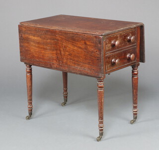 A Victorian mahogany Pembroke table fitted 2 dummy drawers to the side and a fall front, raised on ring turned supports ending in brass caps and casters 74cm x 66cm x 46cm 