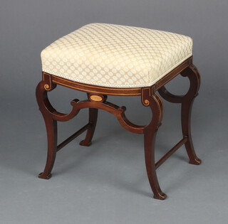 An Edwardian rectangular inlaid mahogany stool with overstuffed seat, raised on cabriole supports 47cm h x 45cm w x 34cm d 